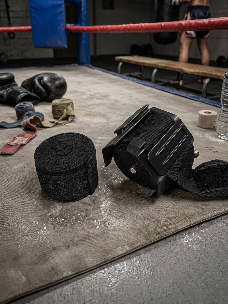 Venda enrollada y RUPTUM REV-01 en un gimnasio de boxeo, con guantes y vendas al fondo
